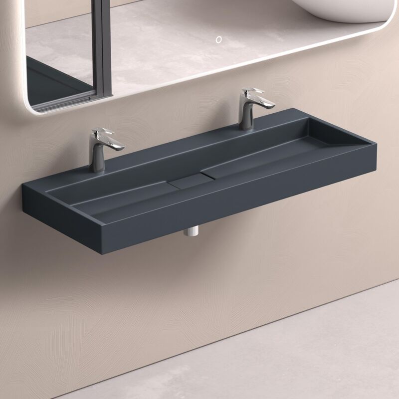 foto del prodotto lavabo da appoggio bagno sospeso lavandino rettangolare in marmoresina con piletta di scarico inclusa colossum19, 120x46x11 cm antracite opaco 2 fori