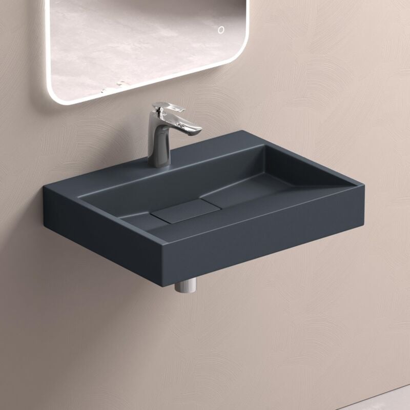 foto del prodotto lavabo da appoggio bagno sospeso lavandino rettangolare in marmoresina con piletta di scarico inclusa colossum19, 50x38x11 cm antracite opaco