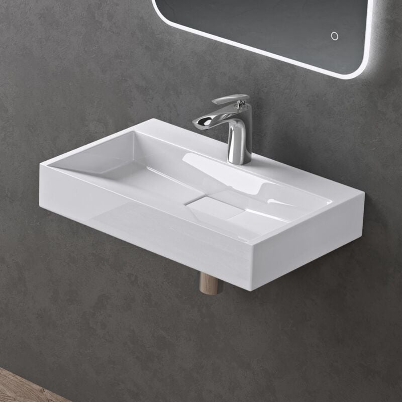 foto del prodotto lavabo da appoggio bagno sospeso lavandino rettangolare in marmoresina con piletta di scarico inclusa colossum19, 60x38x11 cm bianco lucido monoforo