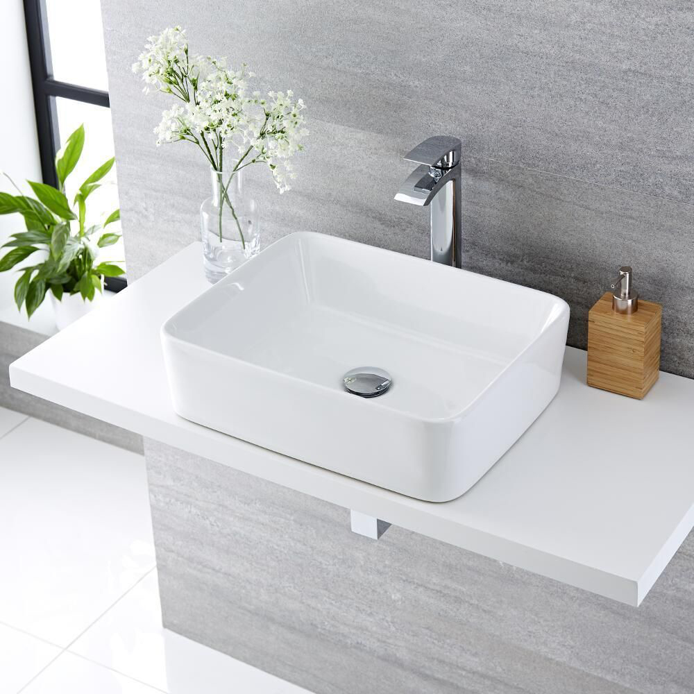 foto del prodotto lavabo da appoggio ceramica bianco rettangolare lavandino bagno 50x39x13 cm tinta bianco lucido, confezione 1