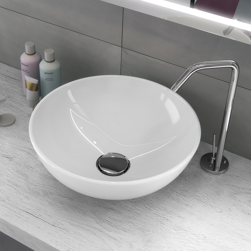 foto del prodotto lavabo da appoggio ceramica bianco tondo lavandino bagno 41,5x41,5x13,5 cm finitura lucido, confezione 1