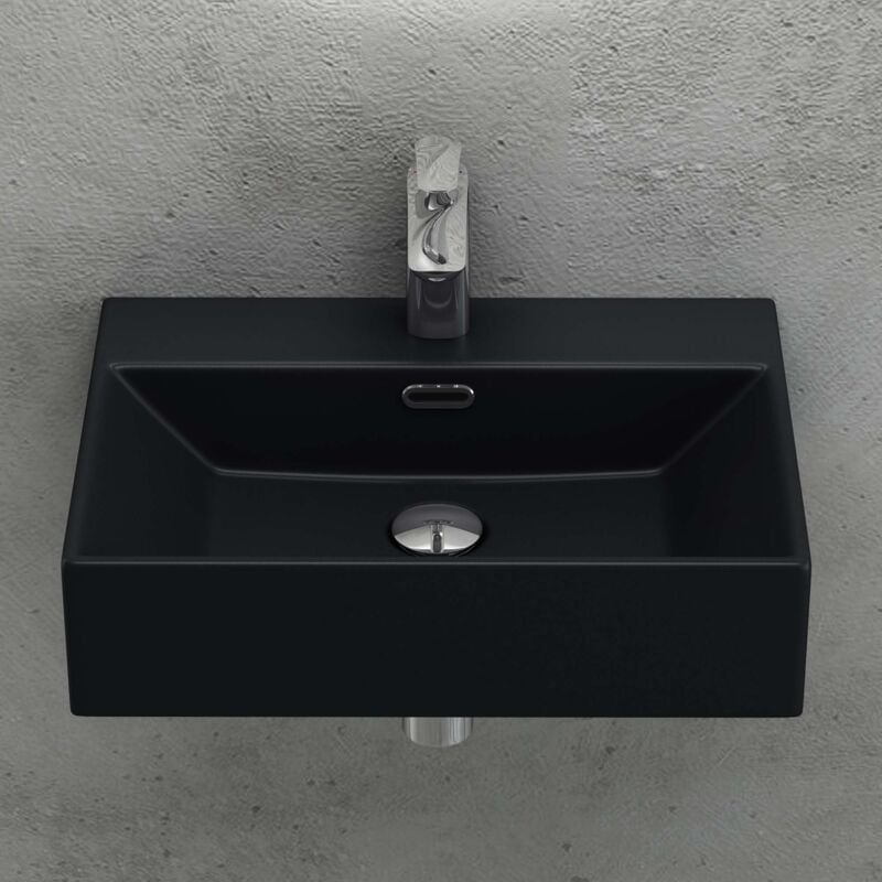 foto del prodotto lavabo da appoggio in ceramica rettangolare lavandino bagno sospeso con foro rubinetto e troppopieno 60x36x13cm nero opaco lavello con rivestimento