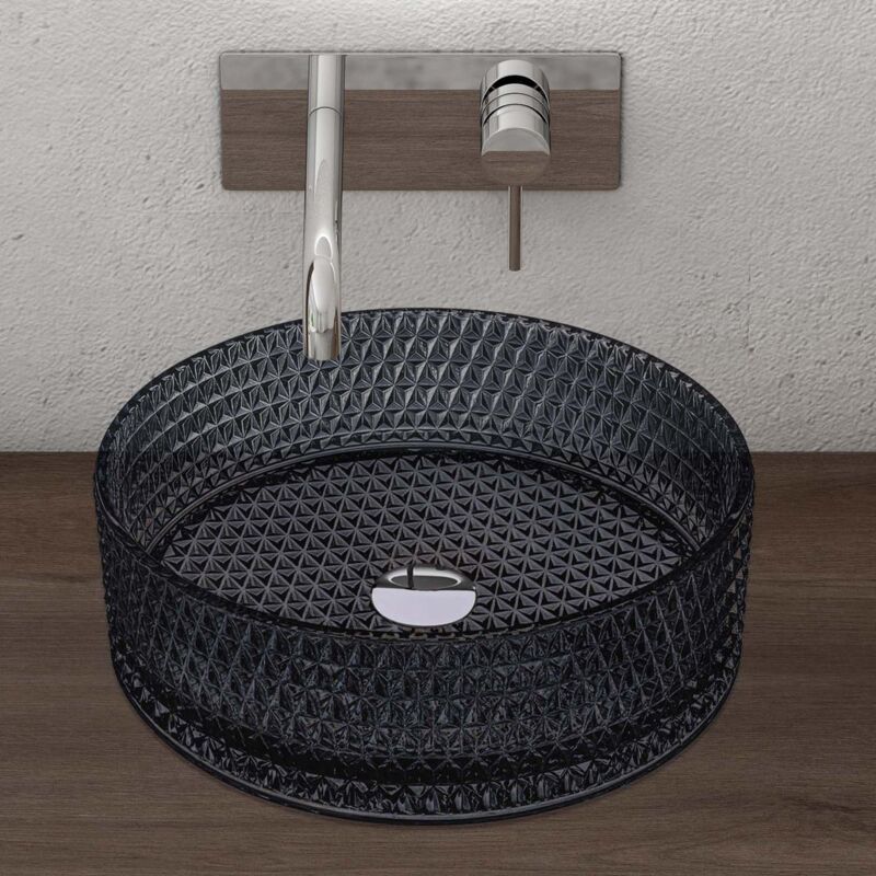 foto del prodotto lavabo da appoggio in vetro temperato lavandino bagno rotondo 39 x 39 x 12 cm grigio lavello design artistico con texture per cucina wc ospiti
