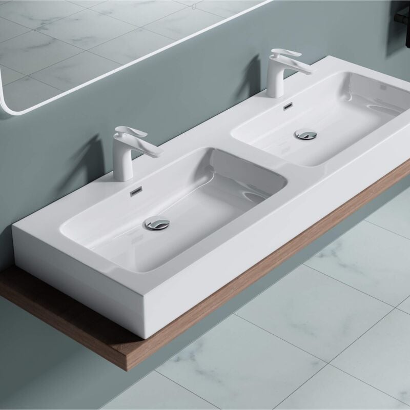 foto del prodotto lavabo da appoggio, lavandino bagno 140x48x13cm, lavabo da minerale fuso colossum830, due fori per la rubinetteria, bianco opaco doporro