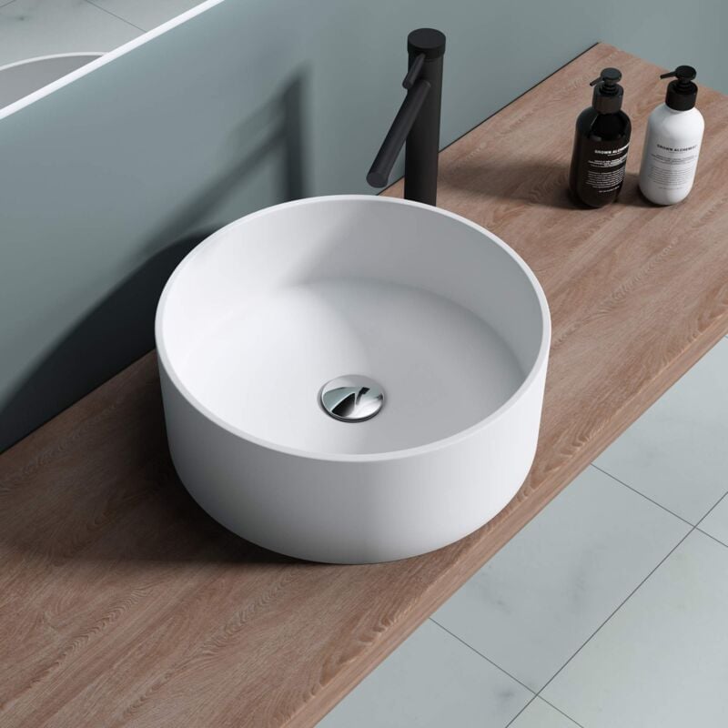 foto del prodotto lavabo da appoggio, lavandino bagno 40x40x15cm, lavabo tondo da minerale fuso colossum804, bianco opaco doporro