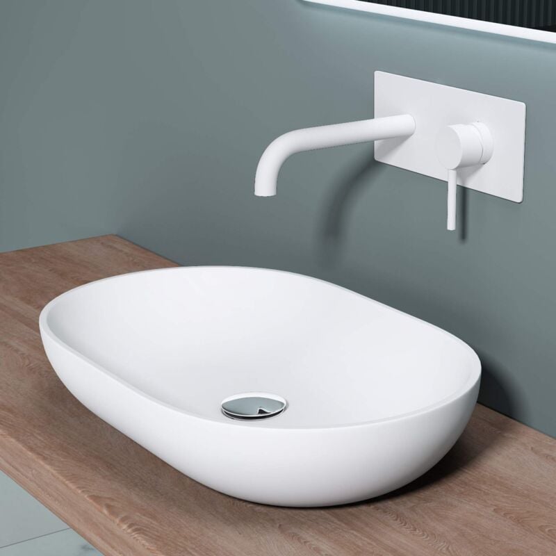 foto del prodotto lavabo da appoggio, lavandino bagno 54x34x10.5cm, lavabo ovale da minerale fuso colossum808, biano opaco doporro