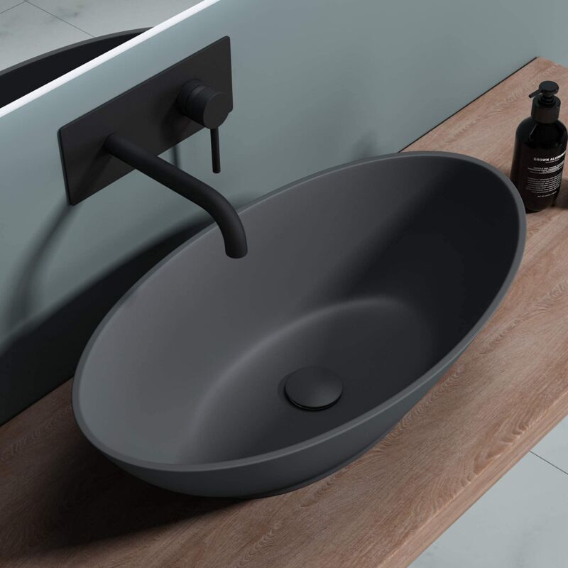 foto del prodotto lavabo da appoggio, lavandino bagno 62.5x34.5x17.5cm, lavabo ovale da minerale fuso colossum807, antracite opaco doporro