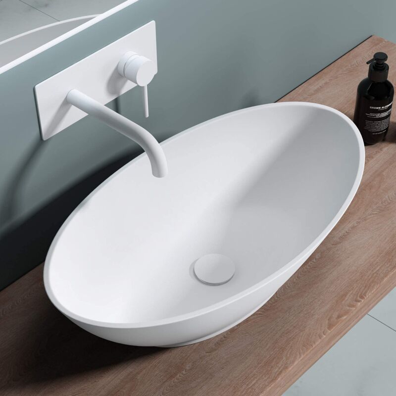 foto del prodotto lavabo da appoggio, lavandino bagno 62.5x34.5x17.5cm, lavabo ovale da minerale fuso colossum807, biano opaco doporro
