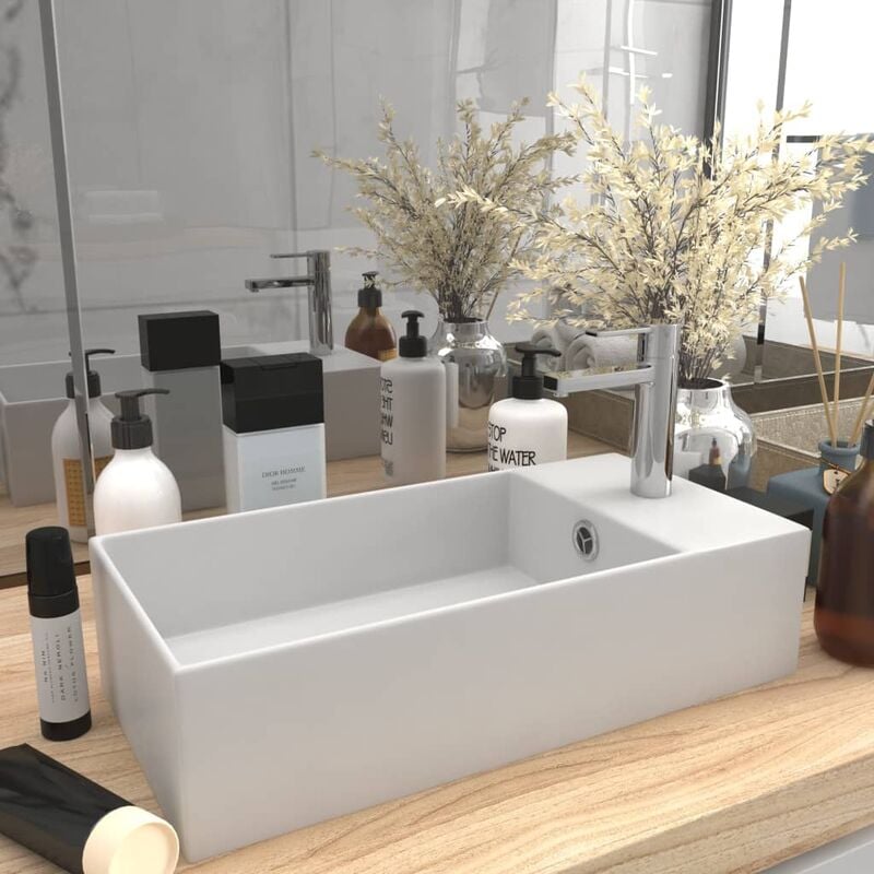 foto del prodotto lavabo da appoggio lavandino bagno con troppopieno in ceramica bianco opaco bv815581 bonnevie