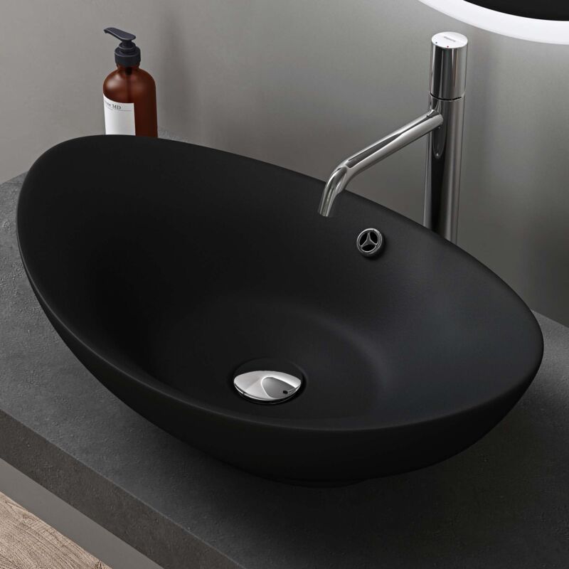 foto del prodotto lavabo da appoggio lavandino bagno ovale con troppopieno 59x38,3x19,2 cm in ceramica nero opaco effetto loto br ssel818 doporro