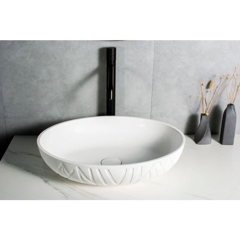 foto del prodotto lavabo da appoggio leo in colata minerale solid stone 50 x 40 x 12 cm colore selezionabile bianco opaco, senza piletta pop up