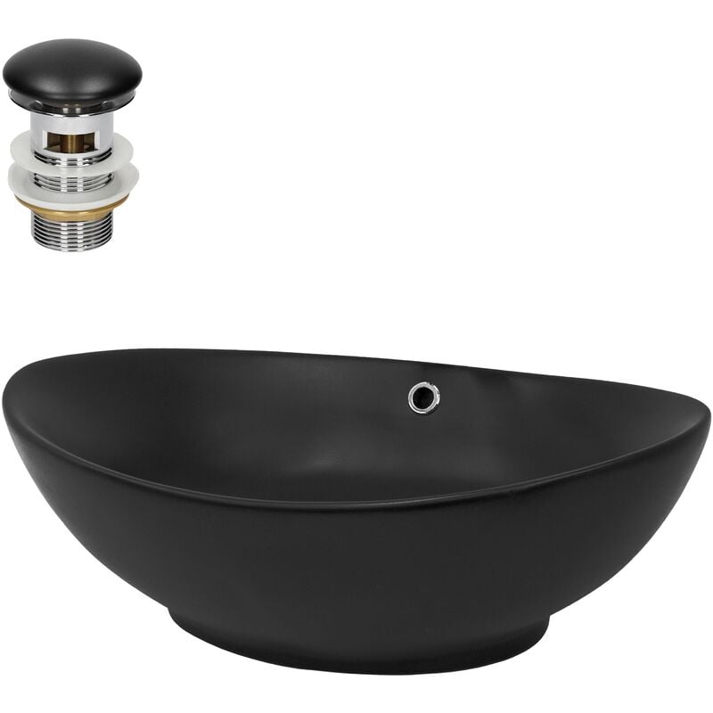 foto del prodotto lavabo da appoggio nero opaco 59 x 38 x 19 cm con set di scarico in ceramica valvola drenaggio lavello con troppopieno sanitari da bagno lavandino