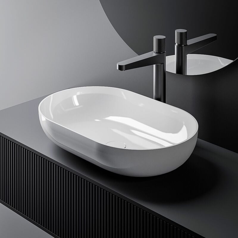 foto del prodotto lavabo da appoggio o 540 di colata minerale solid stone bianco lucido 54 x 34 x 10,5 cmcon coperchio supplementare bianco
