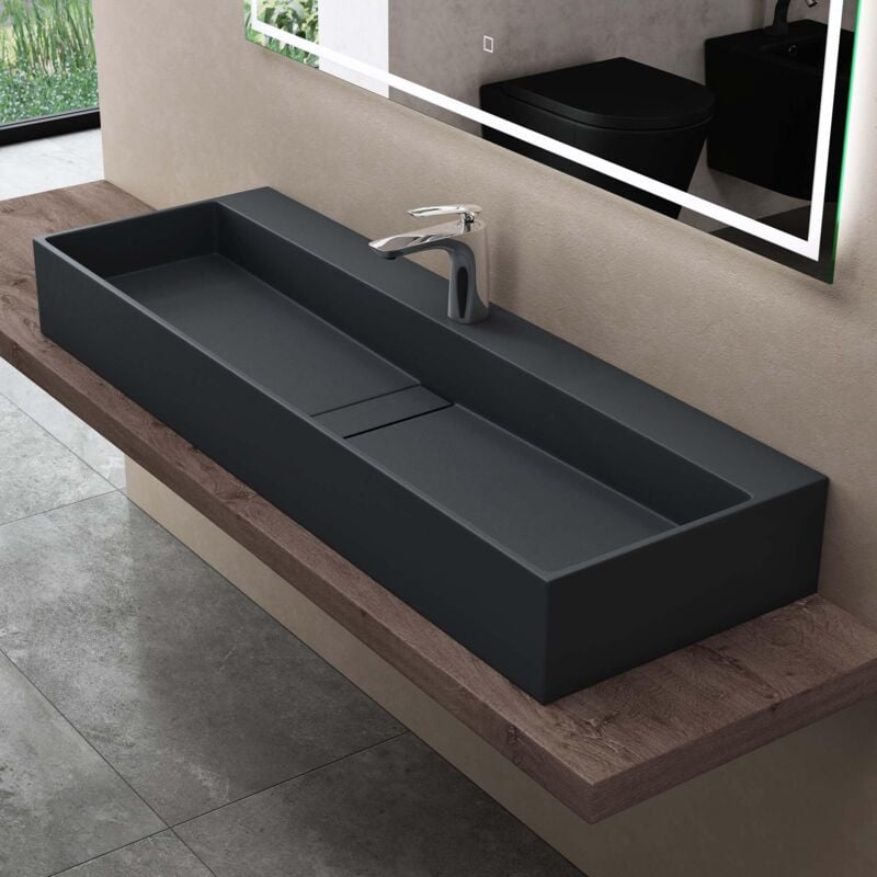 foto del prodotto lavabo da appoggio o sospeso lavandino bagno rettangolare in marmoresina antracite opaco 120x40x14 cm colossum6028 doporro