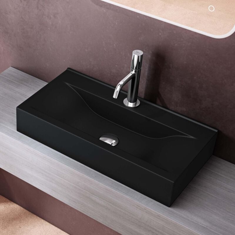 foto del prodotto lavabo da appoggio o sospeso rettangolare 60 cm in ceramica nero opaco con foro rubinetto, lavandino bagno a parete per wc o guardaroba br ssel118
