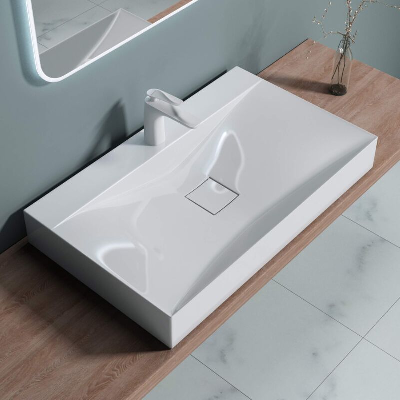 foto del prodotto lavabo da appoggio o sospeso rettangolare lavandino bagno con foro per rubinetto e montaggio a parete, 80x48x12 cm in marmoresina bianco lucido
