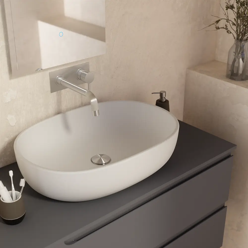 foto del prodotto lavabo da appoggio ovale con bordo slim 61x41x13,5 cm bianco opaco