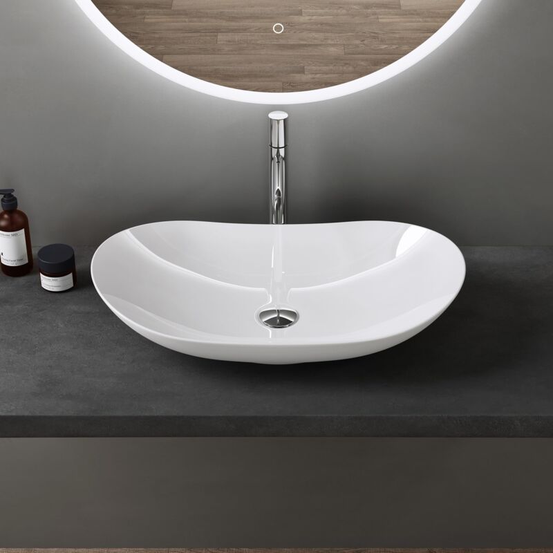 foto del prodotto lavabo da appoggio ovale in ceramica bianco lucido 63 cm, lavandino bagno moderno effetto loto, senza foro rubinetto br ssel858 doporro
