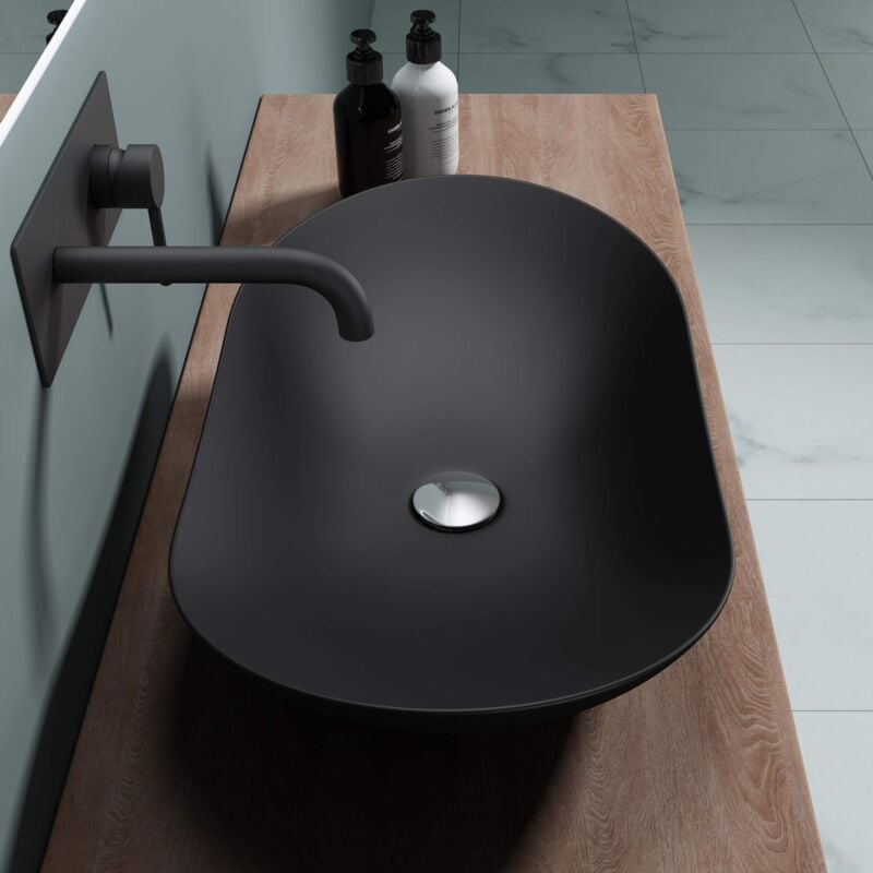 foto del prodotto lavabo da appoggio ovale in ceramica nero opaco 63 cm, lavandino bagno moderno effetto loto, senza foro rubinetto br ssel858 doporro