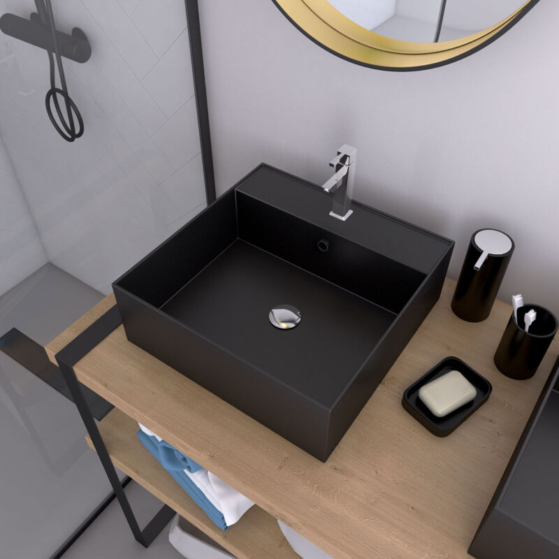 foto del prodotto lavabo da appoggio quadrato in ceramica nera 41x41x15cm squary dark