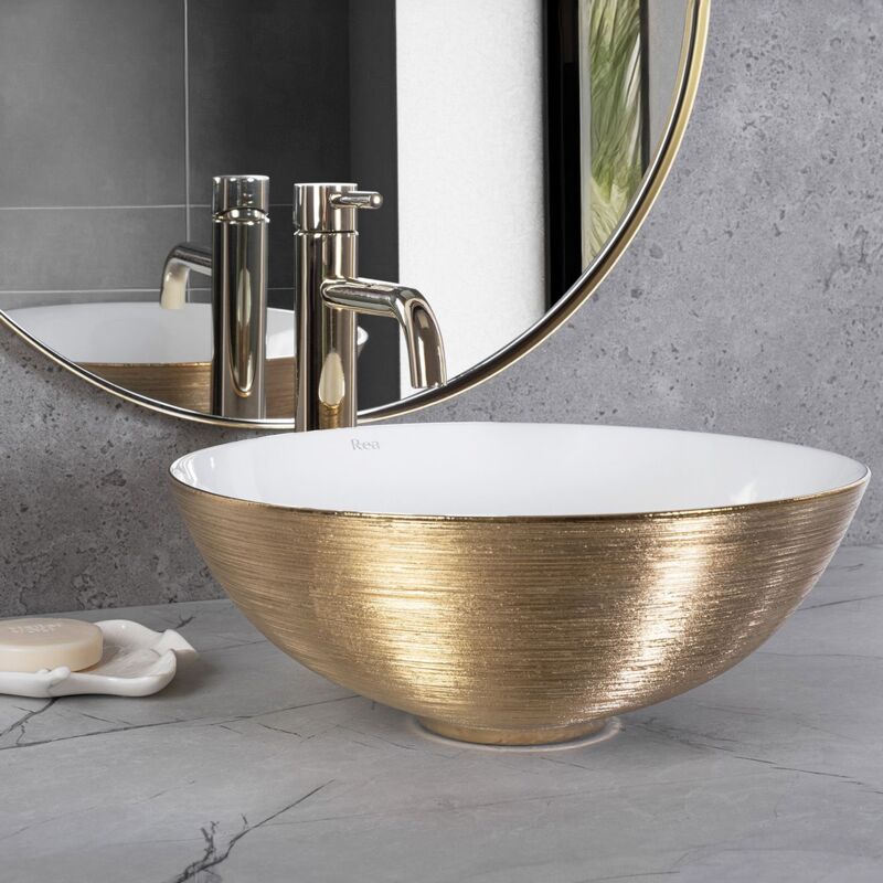 foto del prodotto lavabo da appoggio rea stella gold brush white
