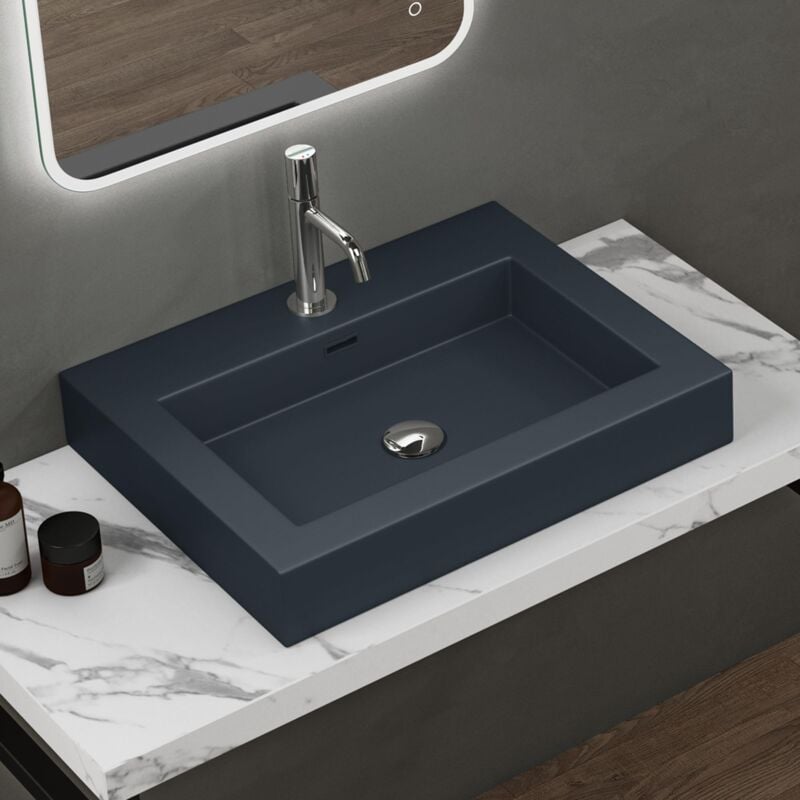 foto del prodotto lavabo da appoggio rettangolare, lavabo bagno sospeso con foro rubinetto e troppopieno in marmo resina antracite opaco, lavandino bagno 60x48x10cm