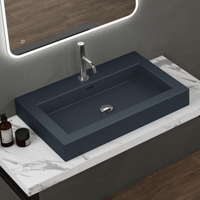 foto del prodotto lavabo da appoggio rettangolare, lavabo bagno sospeso con foro rubinetto e troppopieno in marmo resina antracite opaco, lavandino bagno 73x48x10cm