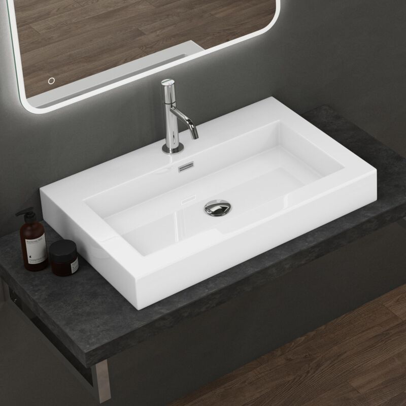 foto del prodotto lavabo da appoggio rettangolare, lavabo bagno sospeso con foro rubinetto e troppopieno in marmo resina bianco lucido, lavandino bagno 73x48x10cm