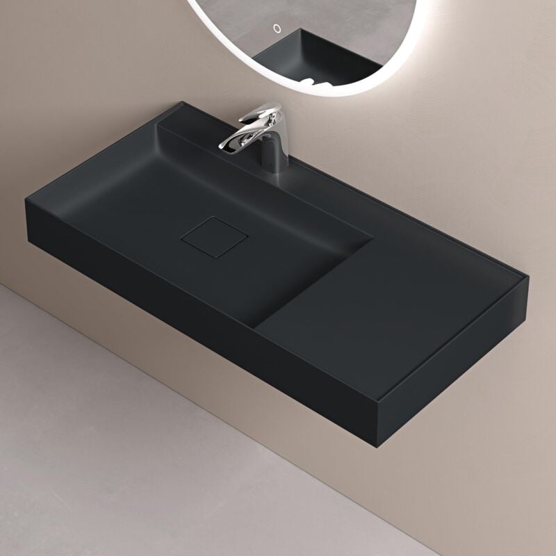 foto del prodotto lavabo da appoggio rettangolare lavabo bagno sospeso incl. set di scarico e foro per rubinetto lavandino bagno in resina minerale 100x46x12cm
