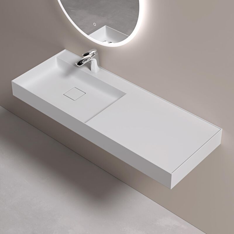 foto del prodotto lavabo da appoggio rettangolare lavabo bagno sospeso incl. set di scarico e foro per rubinetto lavandino bagno in resina minerale 120x46x12cm bianco