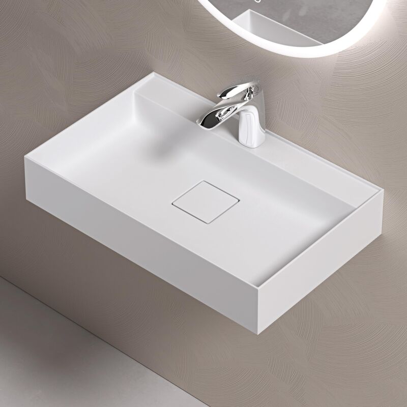 foto del prodotto lavabo da appoggio rettangolare lavabo bagno sospeso incl. set di scarico e foro per rubinetto lavandino bagno in resina minerale 60x38x12cm bianco