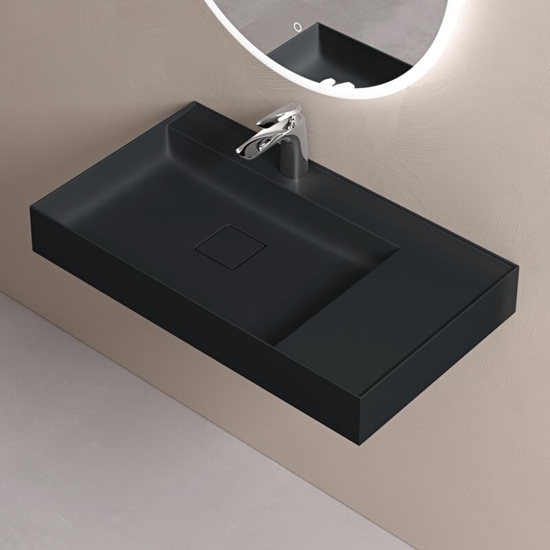 foto del prodotto lavabo da appoggio rettangolare lavabo bagno sospeso incl. set di scarico e foro per rubinetto lavandino bagno in resina minerale 70x46x12cm