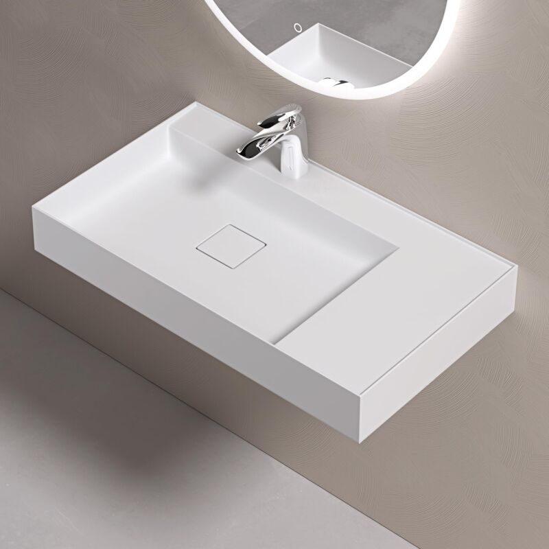 foto del prodotto lavabo da appoggio rettangolare lavabo bagno sospeso incl. set di scarico e foro per rubinetto lavandino bagno in resina minerale 70x46x12cm bianco