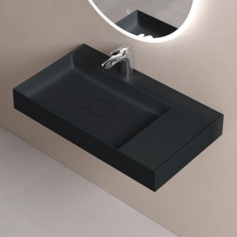 foto del prodotto lavabo da appoggio rettangolare lavabo bagno sospeso incl. set di scarico e foro per rubinetto lavandino bagno in resina minerale 80x46x12cm