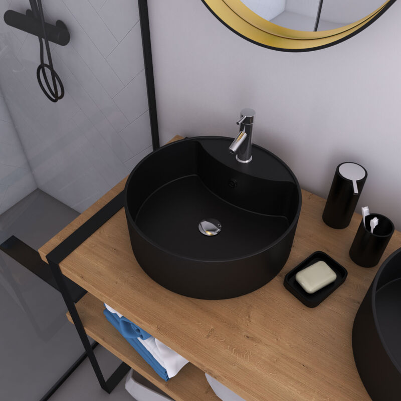 foto del prodotto lavabo da appoggio rotondo in ceramica nera diametro 41cm altezza 15cm roll on dark