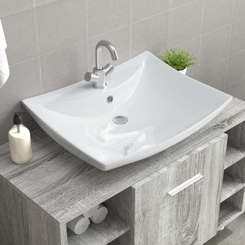 foto del prodotto lavabo da bagno in ceramica rettangolare con foro di trabocco e foro rubinetto colore bianco
