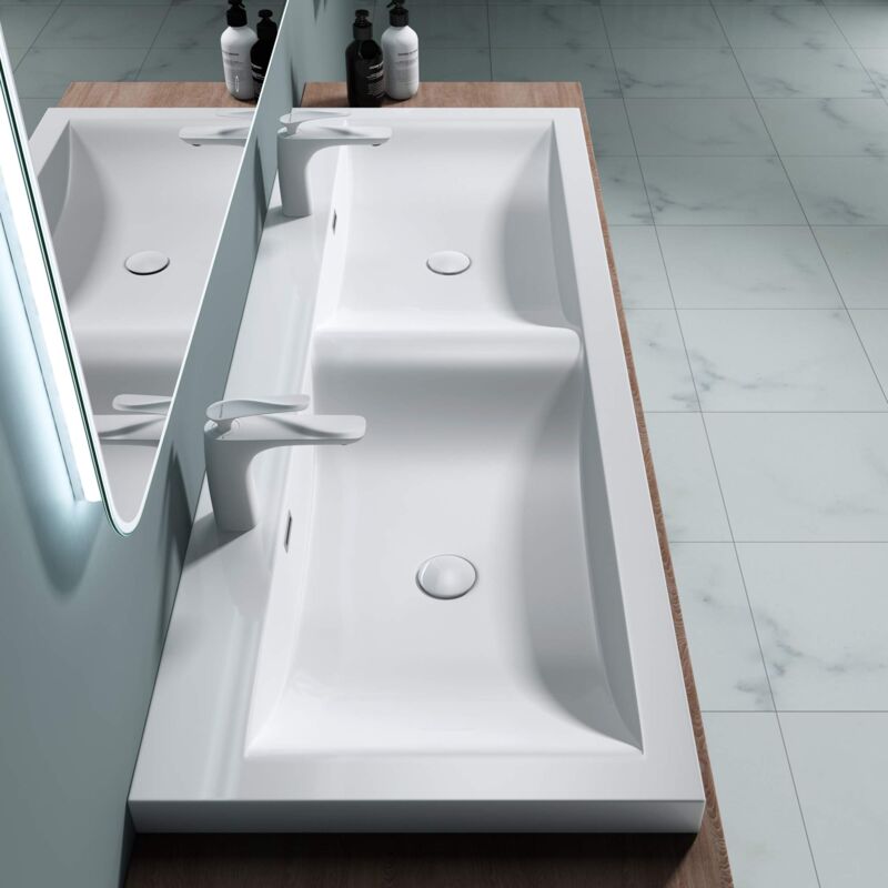 foto del prodotto lavabo doppio da incasso per bagno con 2 fori rubinetto e troppopieno in marmoresina bianco lucido 144x48x12 cm colossum03 doporro