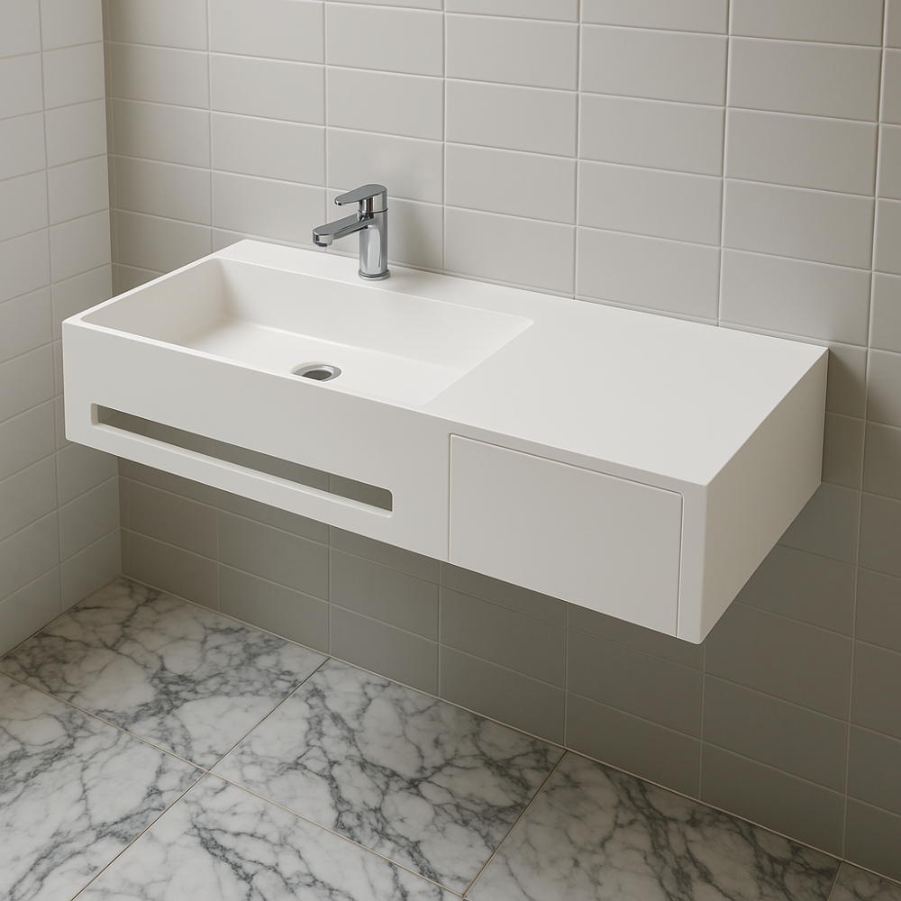 foto del prodotto lavabo in artificial stone bianco opaco matt modello alex sospeso con porta salviette confezione 1