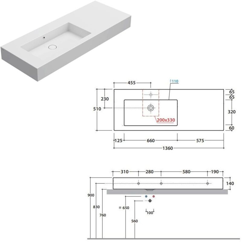 foto del prodotto lavabo incantho sospeso appoggio cm. 136x51 vasca a sinistra bianco lucido in136sabi