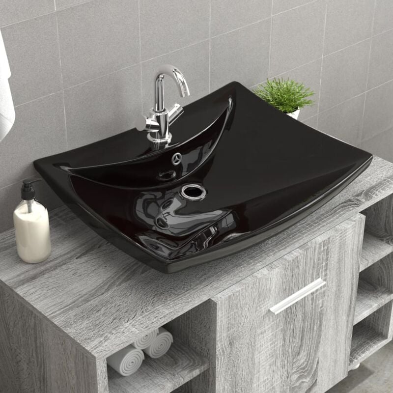 foto del prodotto lavabo nero ceramica lusso rettangolare foro trabocco foro rubinetto