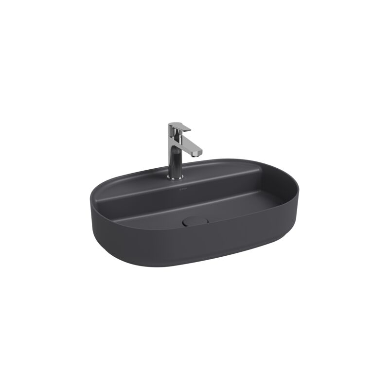 foto del prodotto lavabo ovale da appoggio senza troppo pieno in ceramica con foro rubinetto antracite opaco