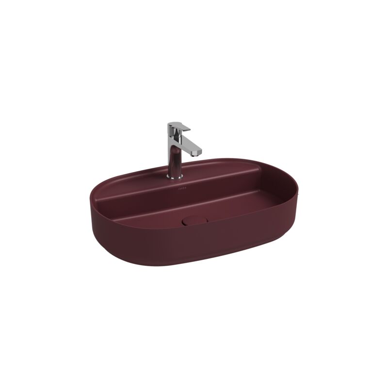 foto del prodotto lavabo ovale da appoggio senza troppo pieno in ceramica con foro rubinetto bordeaux opaco