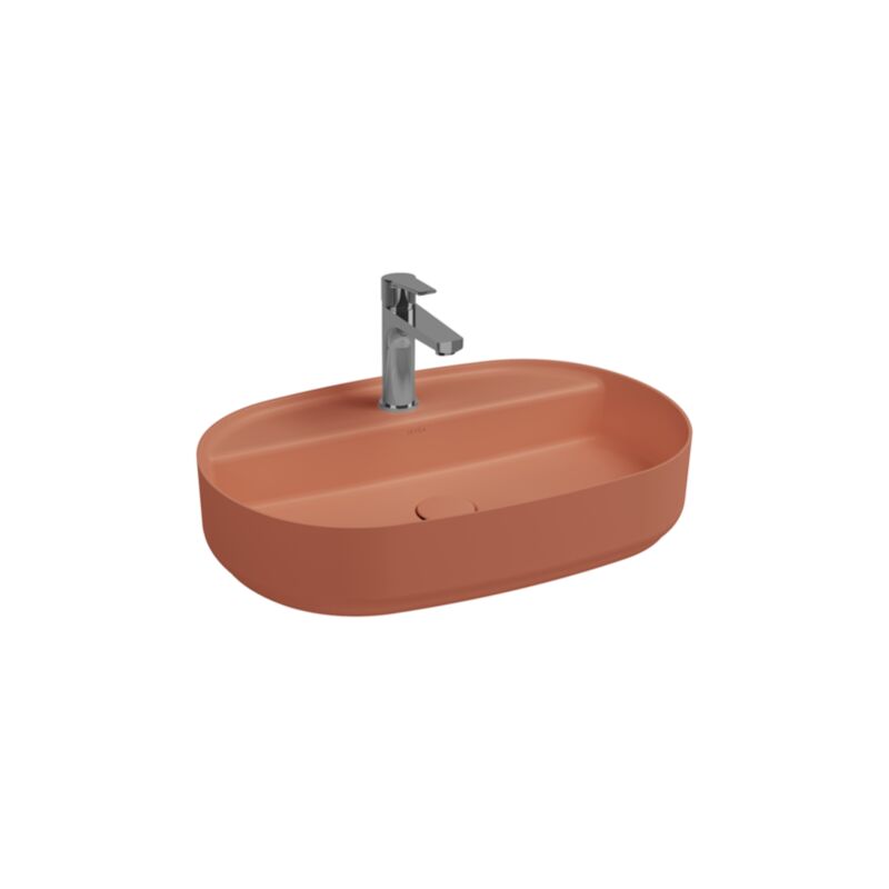 foto del prodotto lavabo ovale da appoggio senza troppo pieno in ceramica con foro rubinetto terracotta opaco