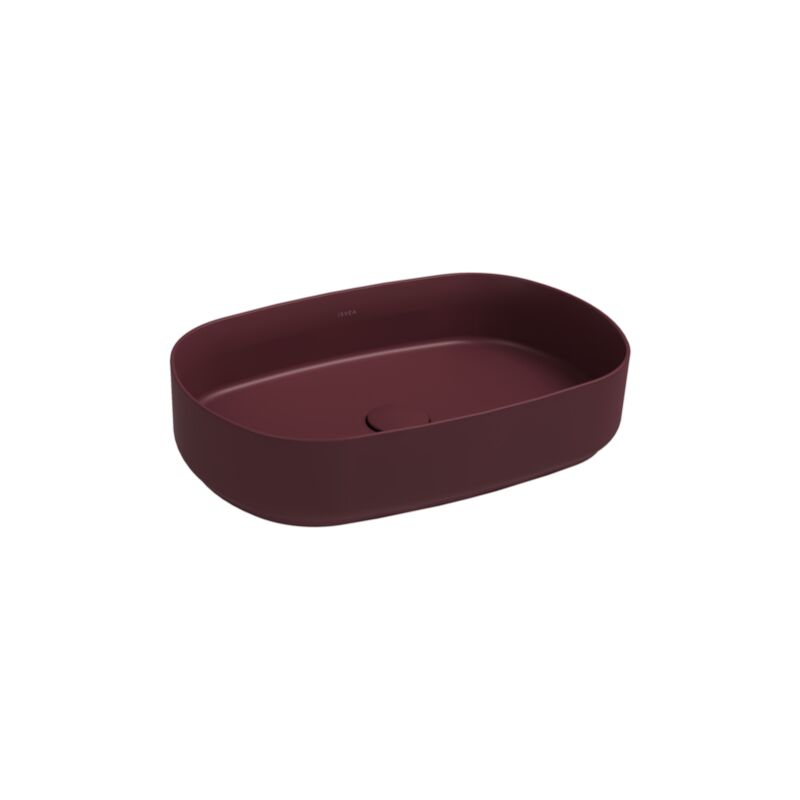 foto del prodotto lavabo ovale da appoggio senza troppo pieno in ceramica senza foro rubinetto bordeaux opaco