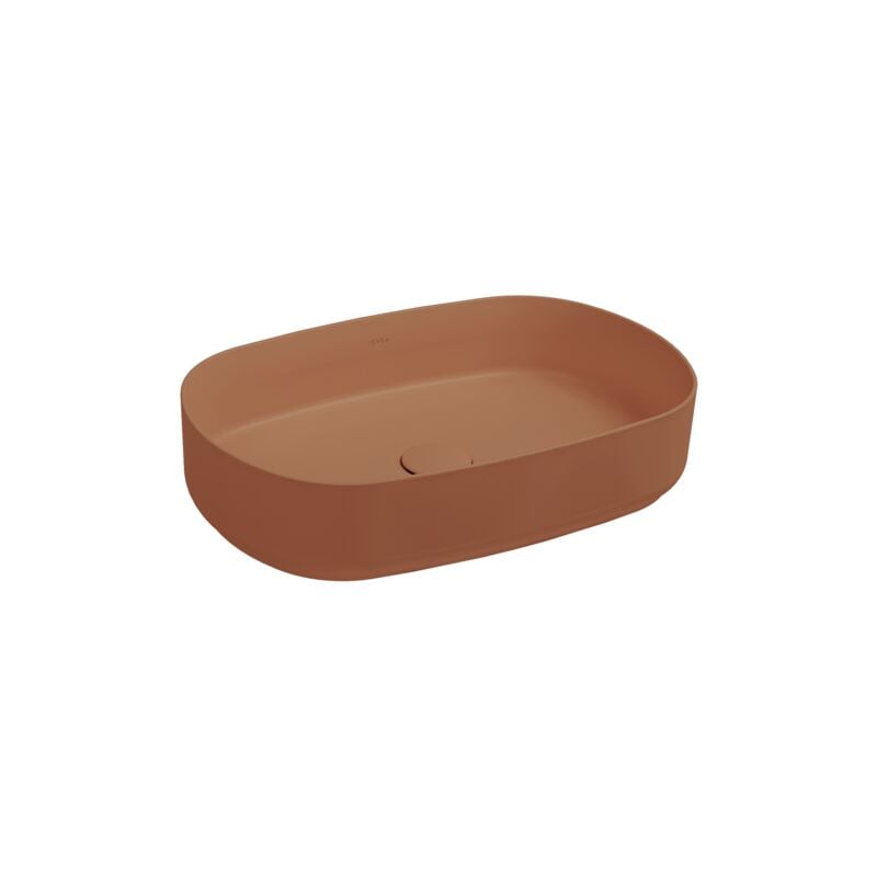 foto del prodotto lavabo ovale da appoggio senza troppo pieno in ceramica senza foro rubinetto terracotta opaco