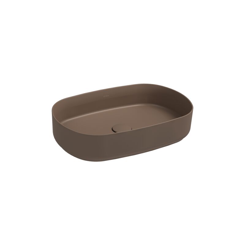 foto del prodotto lavabo ovale da appoggio senza troppo pieno in ceramica senza foro rubinetto tortora opaco