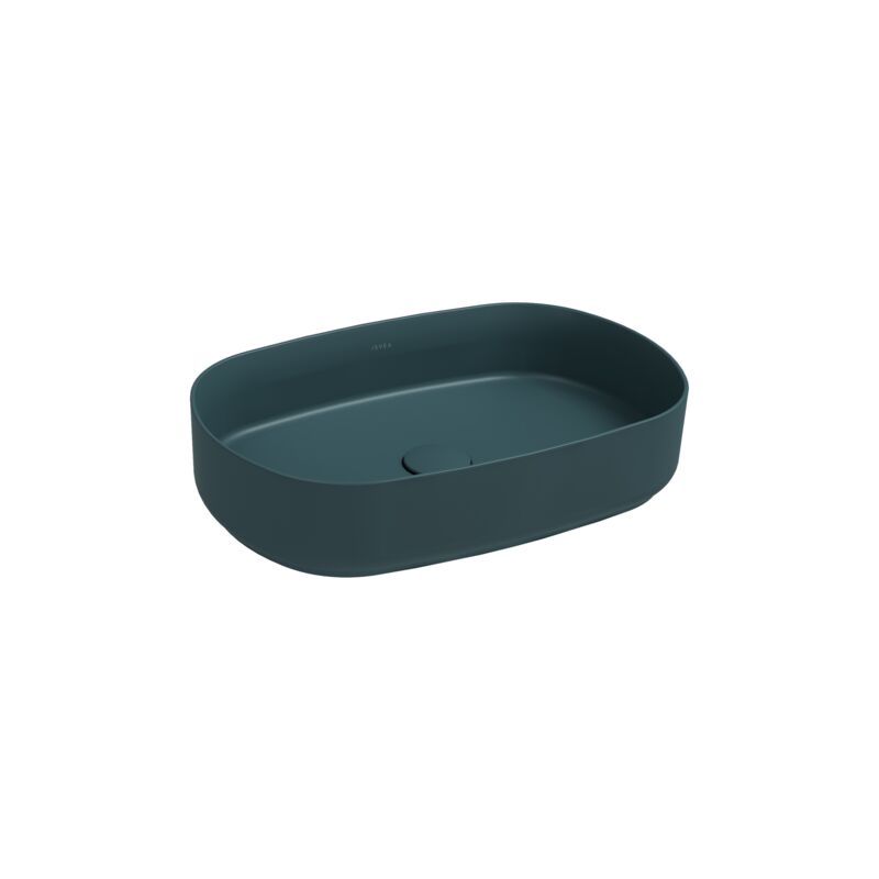 foto del prodotto lavabo ovale da appoggio senza troppo pieno in ceramica senza foro rubinetto verde petrolio opaco