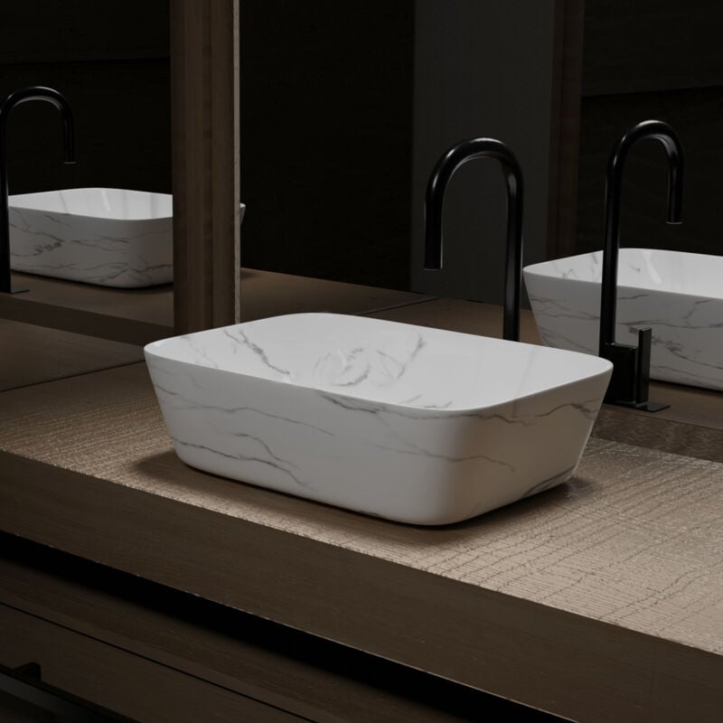 foto del prodotto lavabo rettangolare da appoggio in ceramica bianco opaco finitura marmo 45,5x32,5x13cm white marble