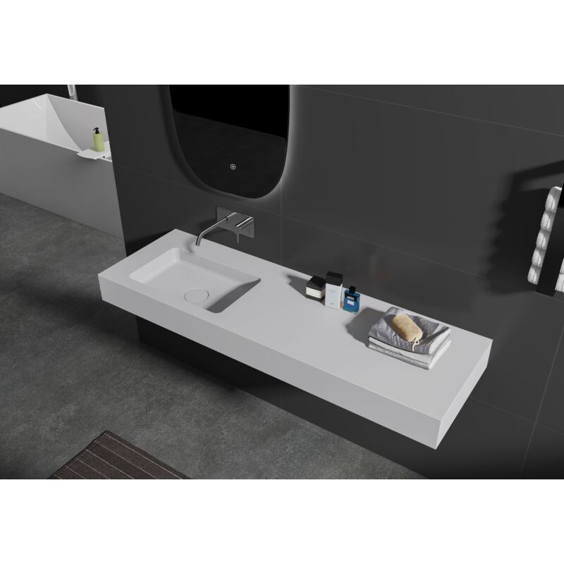 foto del prodotto lavabo sospeso ba8014 in pietra solida sold surface 141 x 45 x 12 cm colore selezionabile console in metallo opzionale bianco opaco, consolle