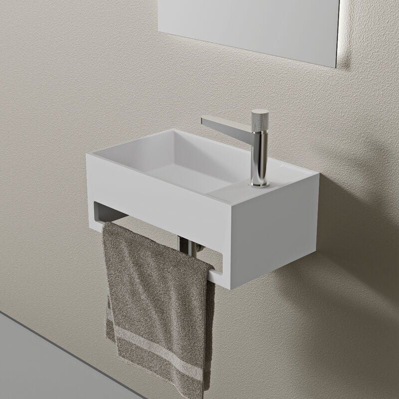 foto del prodotto lavabo sospeso pb2077 in pietra solida solid stone 50 x 30 x 20 cm bianco opaco con porta asciugamani integrato